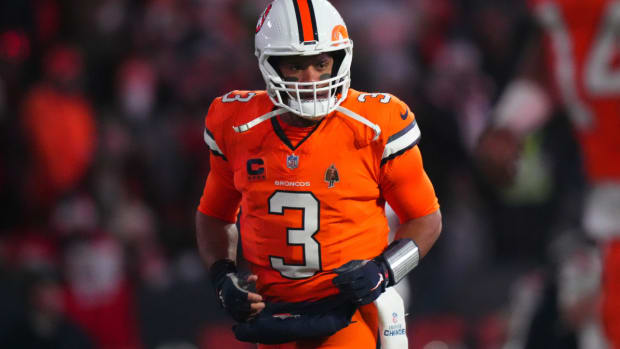 Dec 24, 2023; Denver, Colorado, USA; Denver Broncos quarterback Russell Wilson (3) before the game against the New England Patriots at Empower Field at Mile High. Mandatory Credit: Ron Chenoy-USA TODAY Sports  